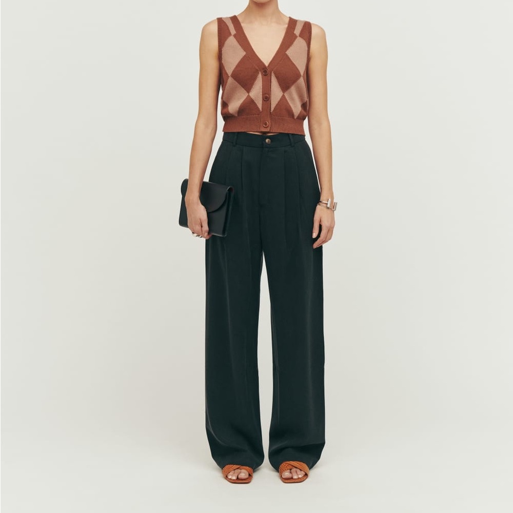 Reformation Brown Argyle Sleeveless Sweater Vest with Black Wide-Leg Pants